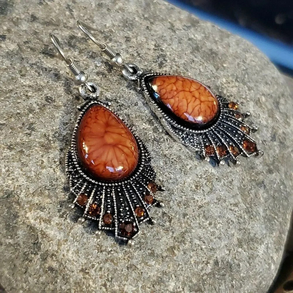 Vintage 90s Lacy Burnt Sienna Antique Silver Acrylic Crystal Teardrop Earrings
